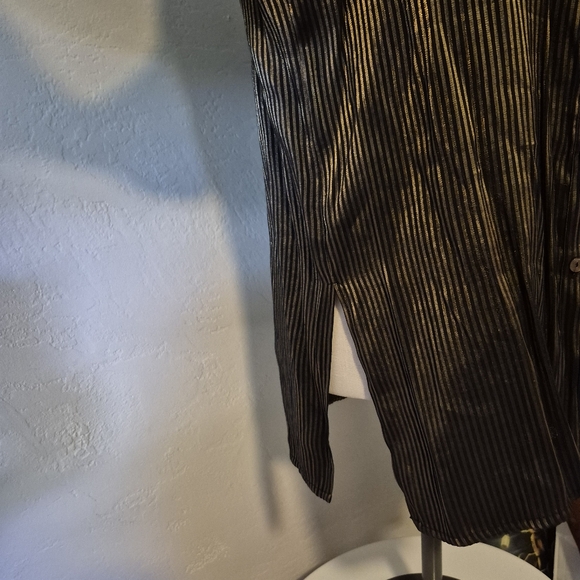 Vintage 80s FORENZA SHINY Black and Gold Striped Button-Up Shirt  womens LARGE - Picture 4 of 10